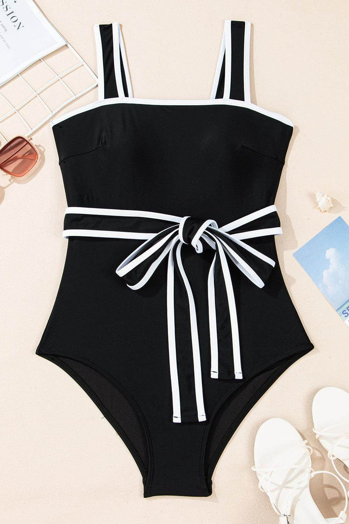 Black Colorblock Edge Belted One Piece Swimsuit - Fashion Queen -  10