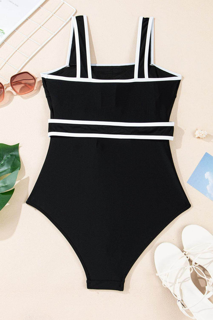 Black Colorblock Edge Belted One Piece Swimsuit - Fashion Queen -  11