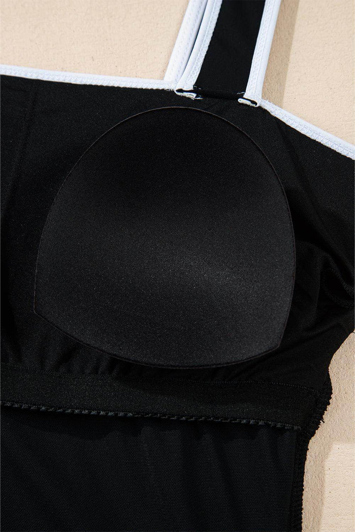 Black Colorblock Edge Belted One Piece Swimsuit - Fashion Queen -  13