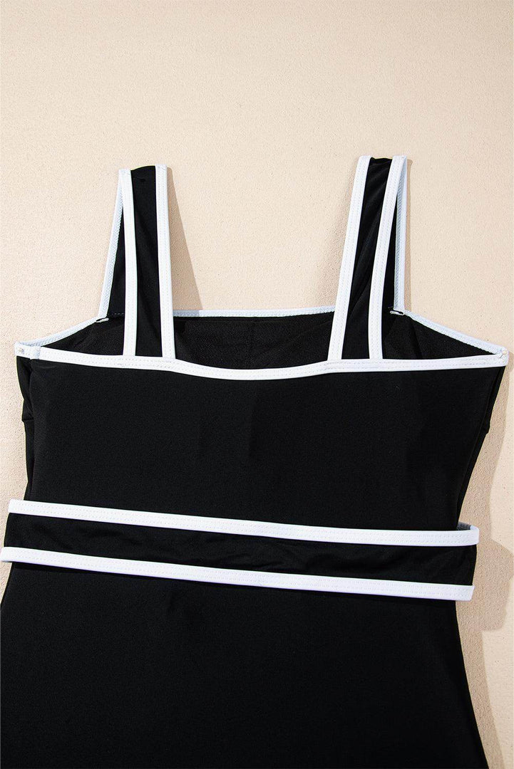 Black Colorblock Edge Belted One Piece Swimsuit - Fashion Queen -  16