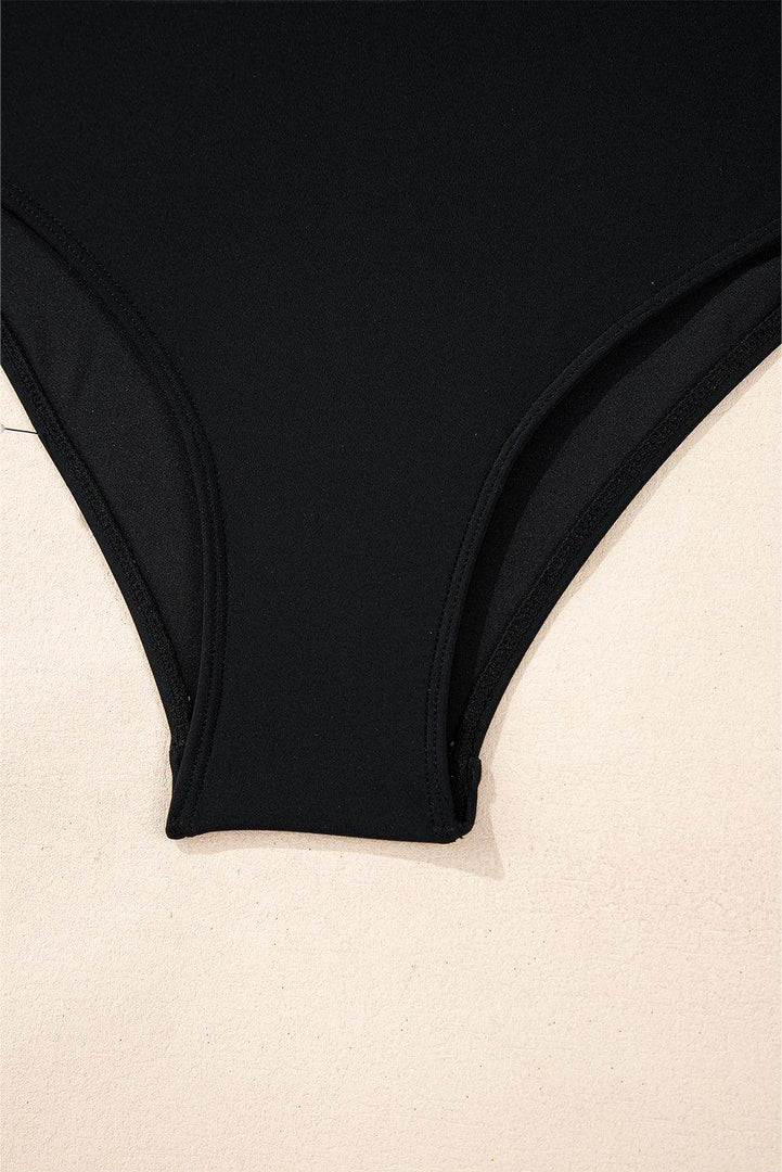 Black Colorblock Edge Belted One Piece Swimsuit - Fashion Queen -  17