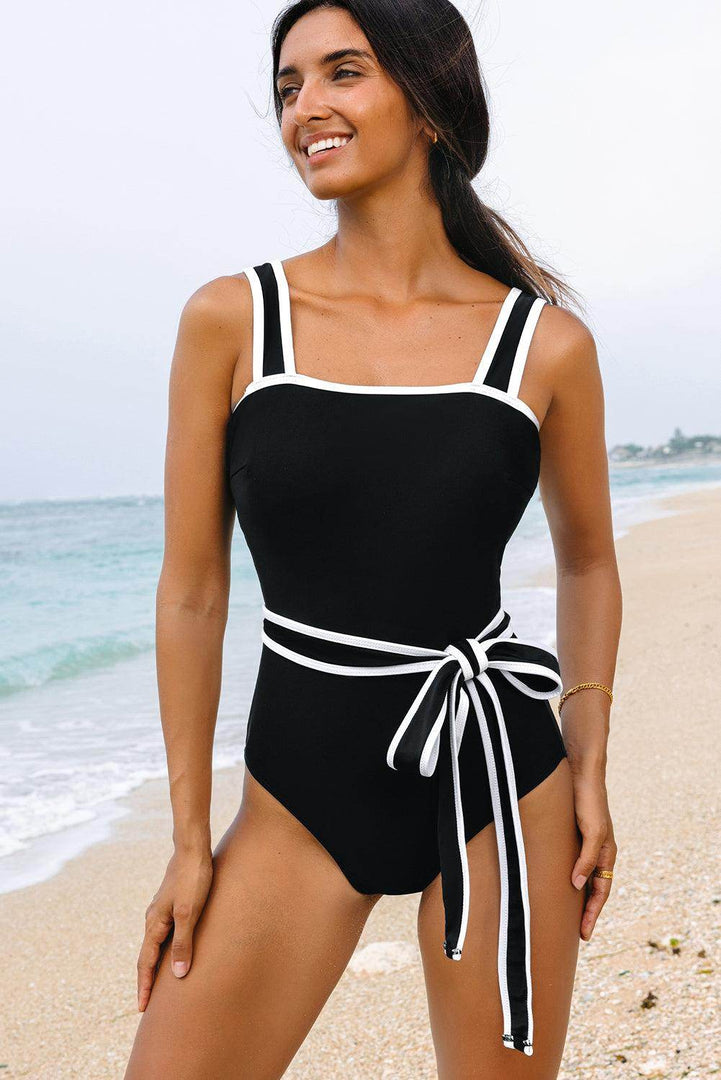 Black Colorblock Edge Belted One Piece Swimsuit - Fashion Queen -  7