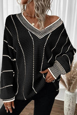 Load image into Gallery viewer, Black Colorblock Striped V Neck Knitted Loose Sweater - Fashion Queen -  1
