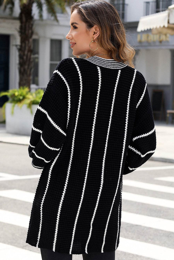 Black Colorblock Striped V Neck Knitted Loose Sweater - Fashion Queen -  10