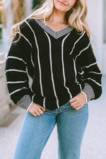 Load image into Gallery viewer, Black Colorblock Striped V Neck Knitted Loose Sweater - Fashion Queen -  12
