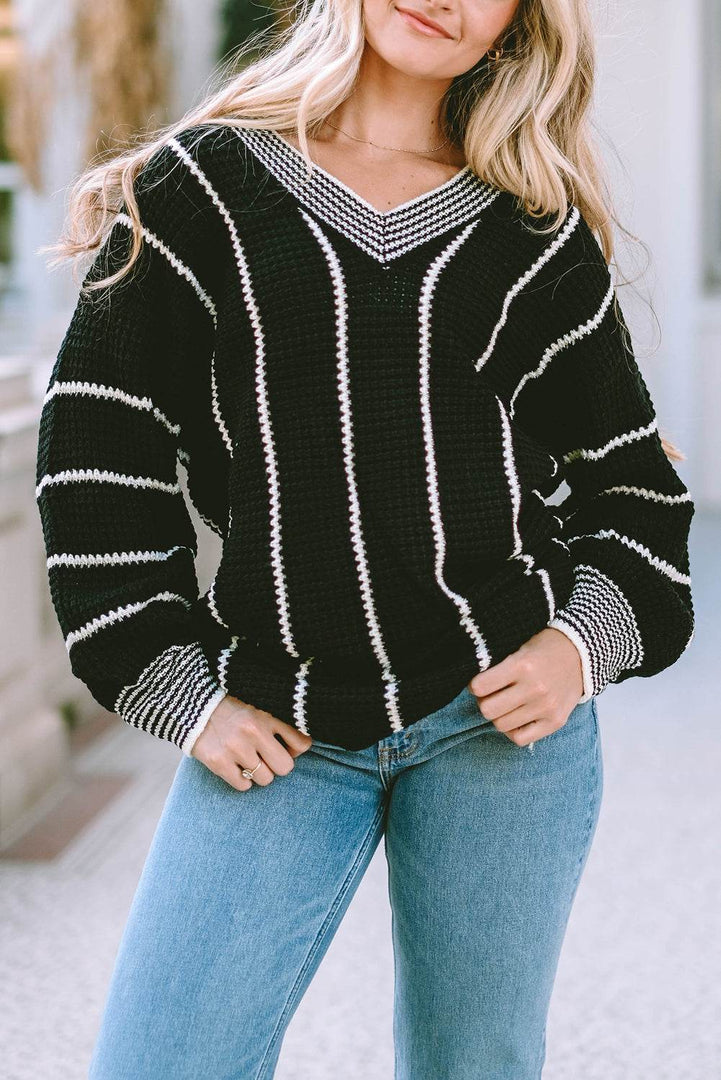 Black Colorblock Striped V Neck Knitted Loose Sweater - Fashion Queen -  12