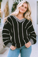 Load image into Gallery viewer, Black Colorblock Striped V Neck Knitted Loose Sweater - Fashion Queen -  13
