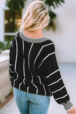 Load image into Gallery viewer, Black Colorblock Striped V Neck Knitted Loose Sweater - Fashion Queen -  14
