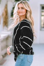 Load image into Gallery viewer, Black Colorblock Striped V Neck Knitted Loose Sweater - Fashion Queen -  15
