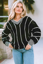 Load image into Gallery viewer, Black Colorblock Striped V Neck Knitted Loose Sweater - Fashion Queen -  16
