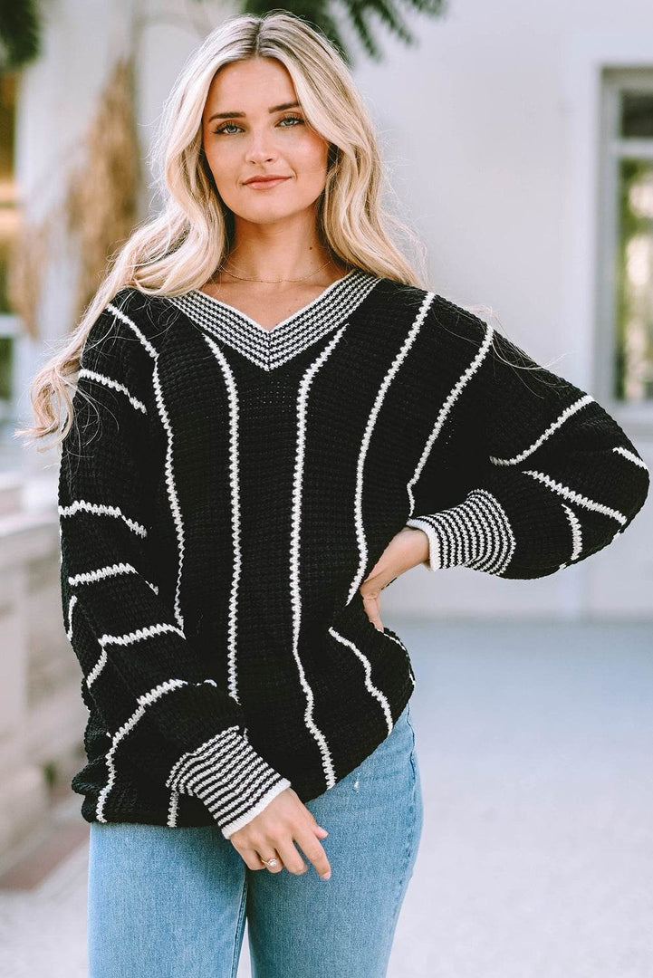 Black Colorblock Striped V Neck Knitted Loose Sweater - Fashion Queen -  17