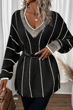 Load image into Gallery viewer, Black Colorblock Striped V Neck Knitted Loose Sweater - Fashion Queen -  3
