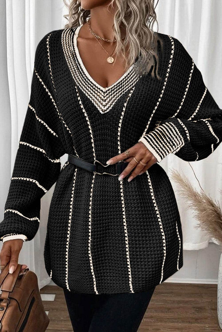 Black Colorblock Striped V Neck Knitted Loose Sweater - Fashion Queen -  3