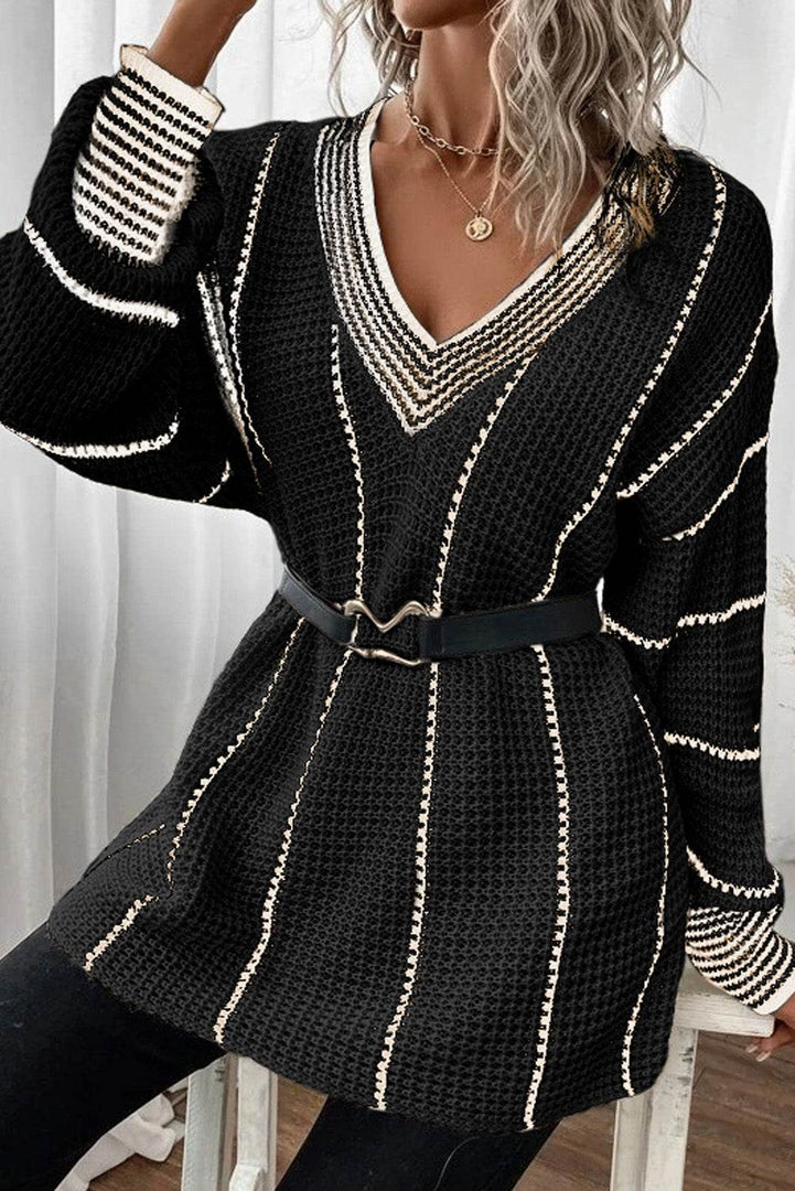 Black Colorblock Striped V Neck Knitted Loose Sweater - Fashion Queen -  4