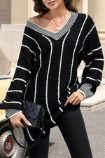 Load image into Gallery viewer, Black Colorblock Striped V Neck Knitted Loose Sweater - Fashion Queen -  5
