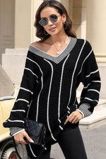 Load image into Gallery viewer, Black Colorblock Striped V Neck Knitted Loose Sweater - Fashion Queen -  6
