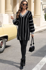 Load image into Gallery viewer, Black Colorblock Striped V Neck Knitted Loose Sweater - Fashion Queen -  7
