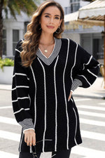 Load image into Gallery viewer, Black Colorblock Striped V Neck Knitted Loose Sweater - Fashion Queen -  8
