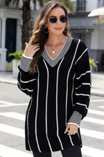 Load image into Gallery viewer, Black Colorblock Striped V Neck Knitted Loose Sweater - Fashion Queen -  9
