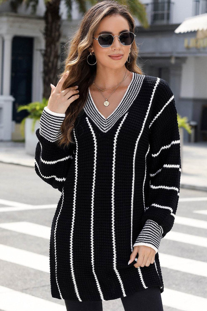 Black Colorblock Striped V Neck Knitted Loose Sweater - Fashion Queen -  9