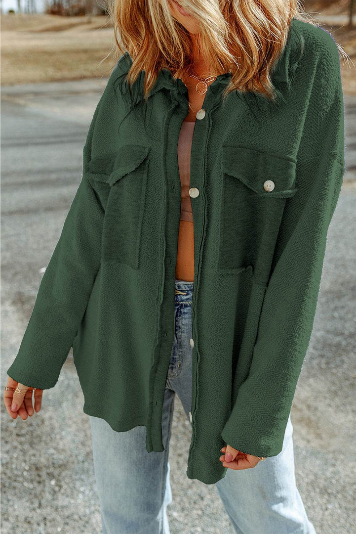 Black Contrast Flap Pockets Relaxed Shacket - Fashion Queen -  12