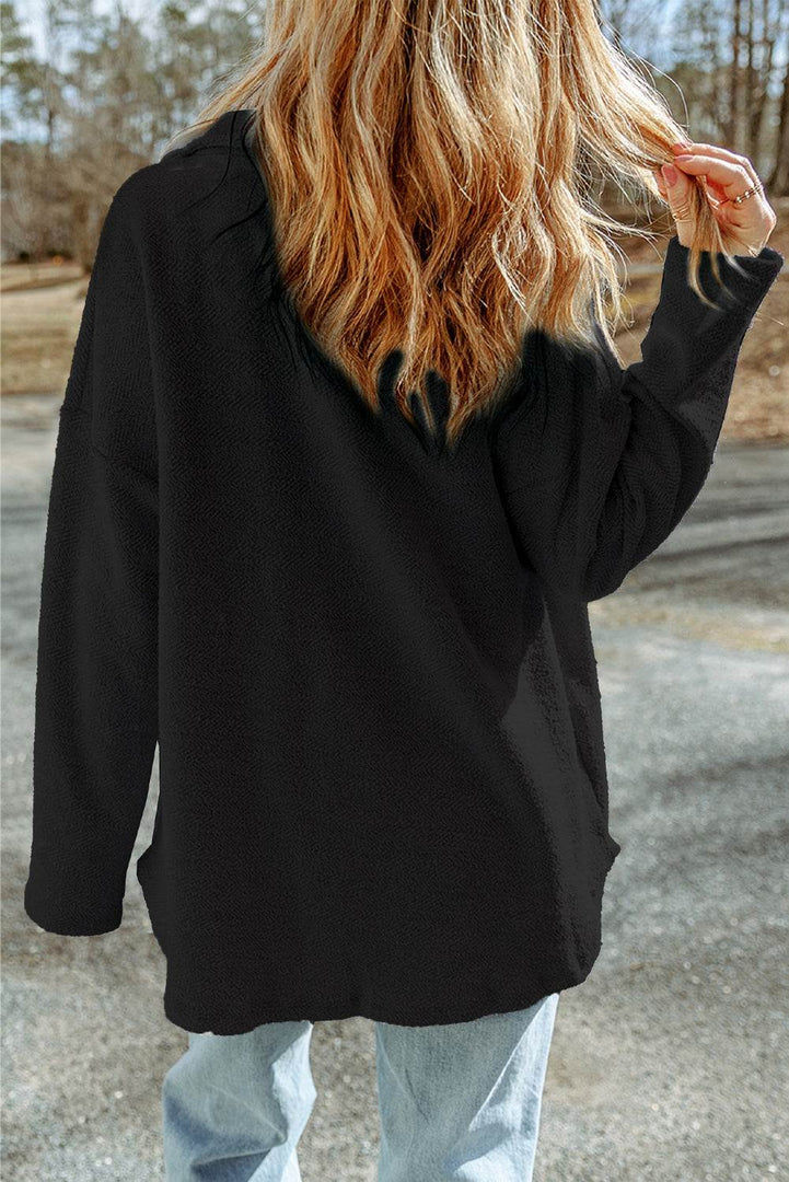 Black Contrast Flap Pockets Relaxed Shacket - Fashion Queen -  2