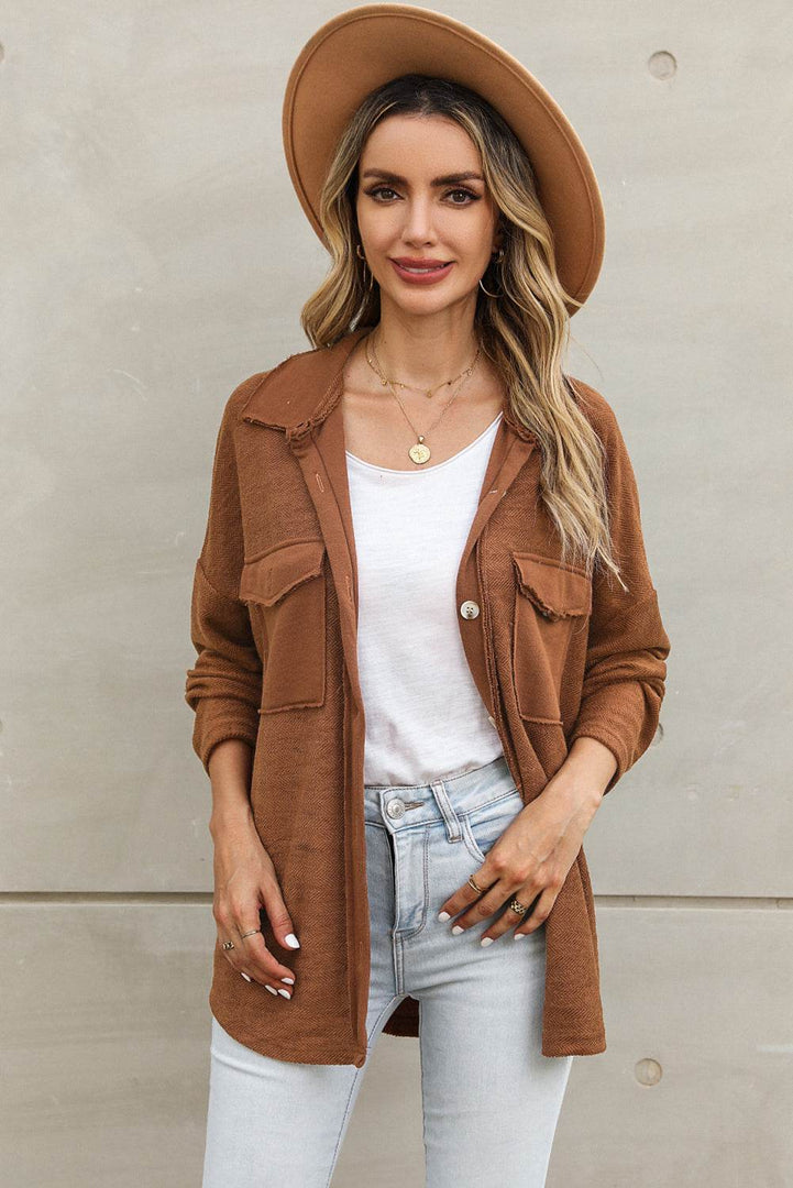Black Contrast Flap Pockets Relaxed Shacket - Fashion Queen -  23