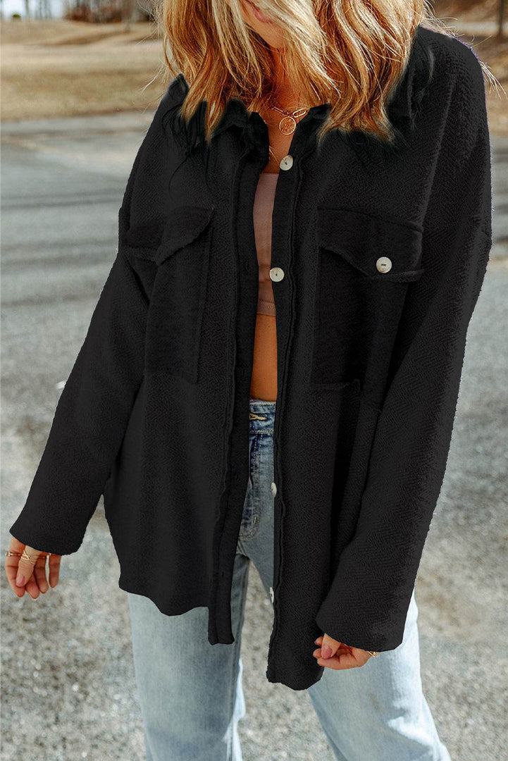 Black Contrast Flap Pockets Relaxed Shacket - Fashion Queen -  3