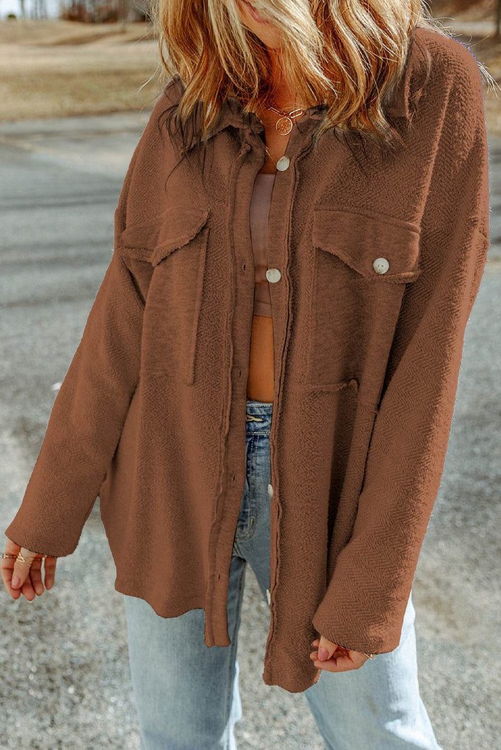 Black Contrast Flap Pockets Relaxed Shacket - Fashion Queen -  8