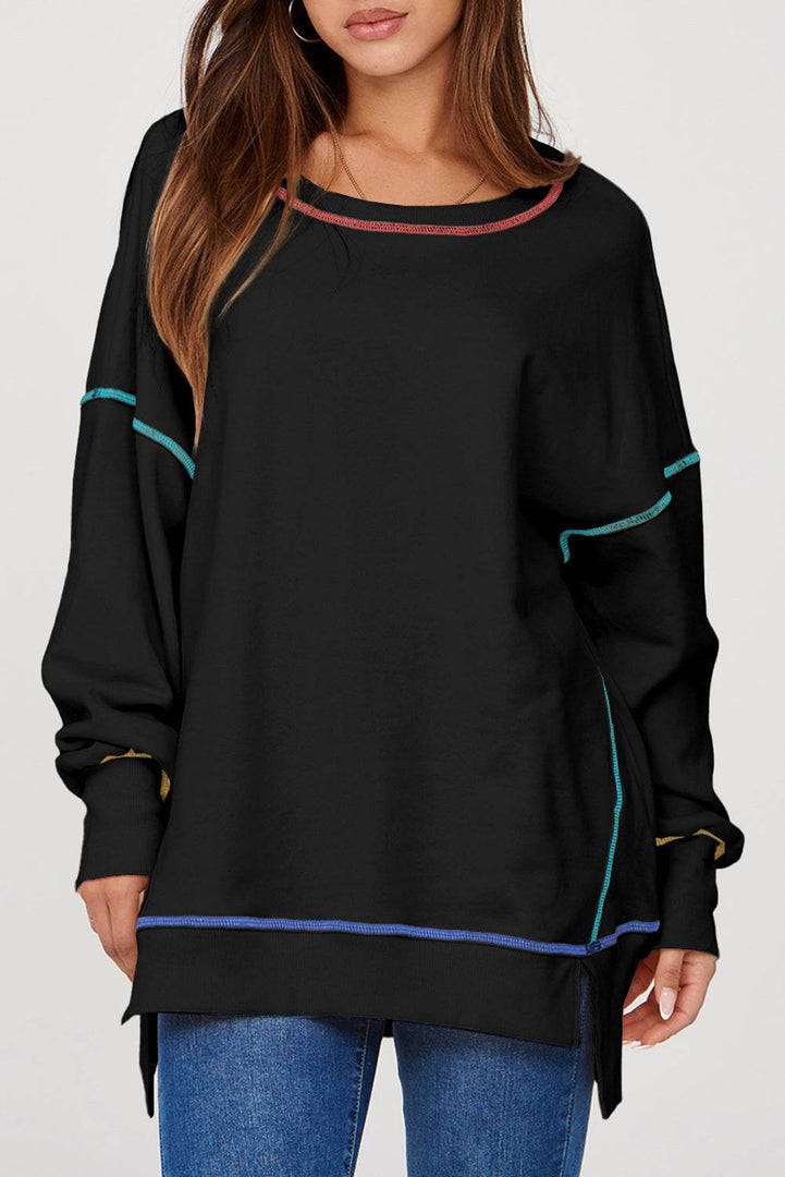 Black Contrast Stitching Split Baggy Sweatshirt - Fashion Queen -  10