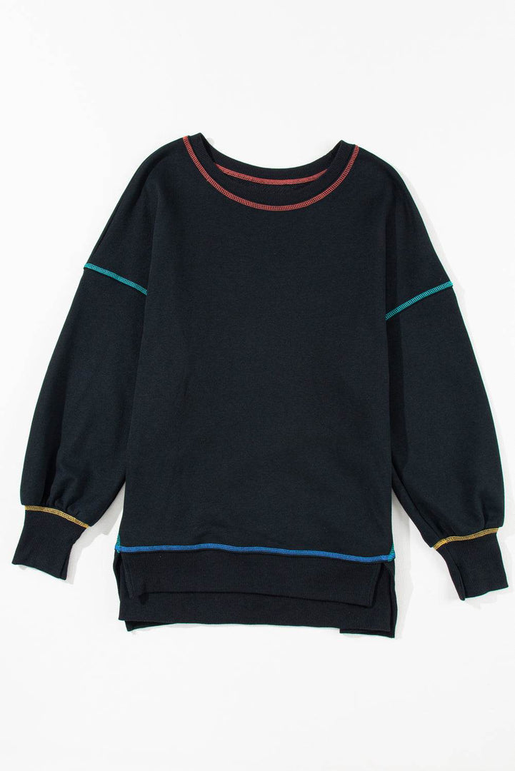 Black Contrast Stitching Split Baggy Sweatshirt - Fashion Queen -  11