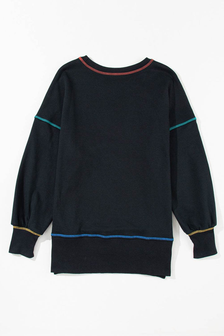 Black Contrast Stitching Split Baggy Sweatshirt - Fashion Queen -  12