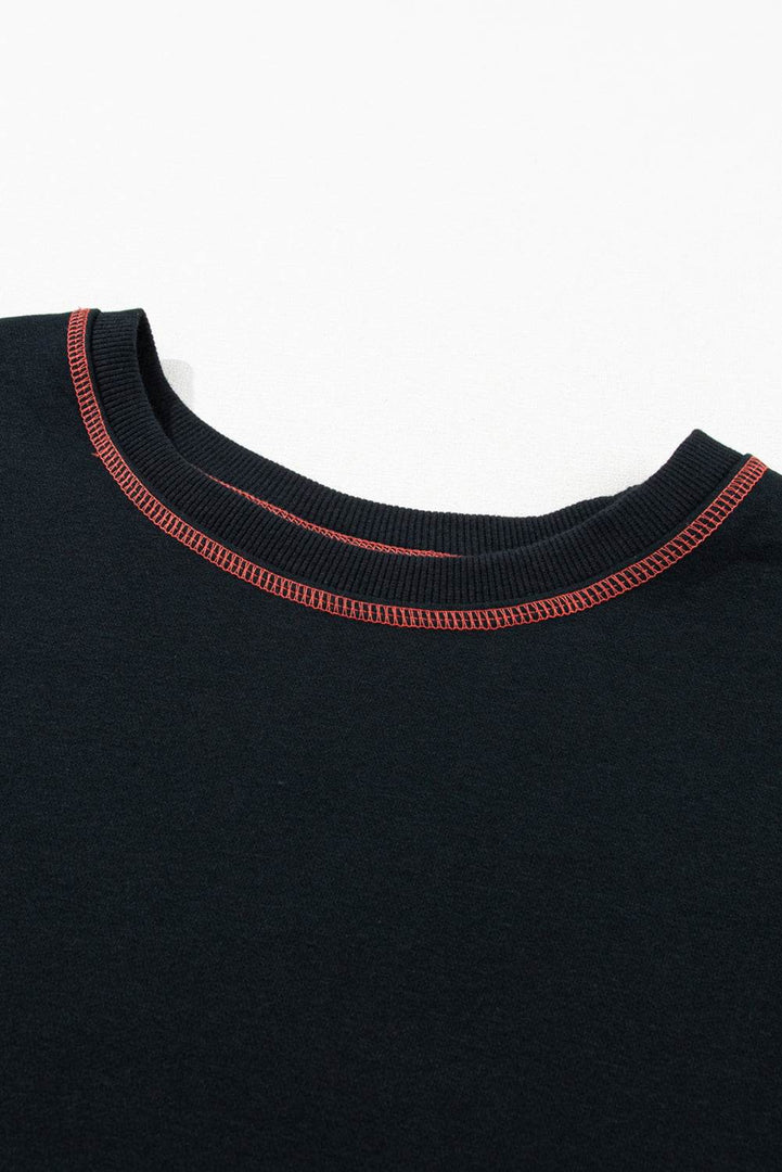 Black Contrast Stitching Split Baggy Sweatshirt - Fashion Queen -  13