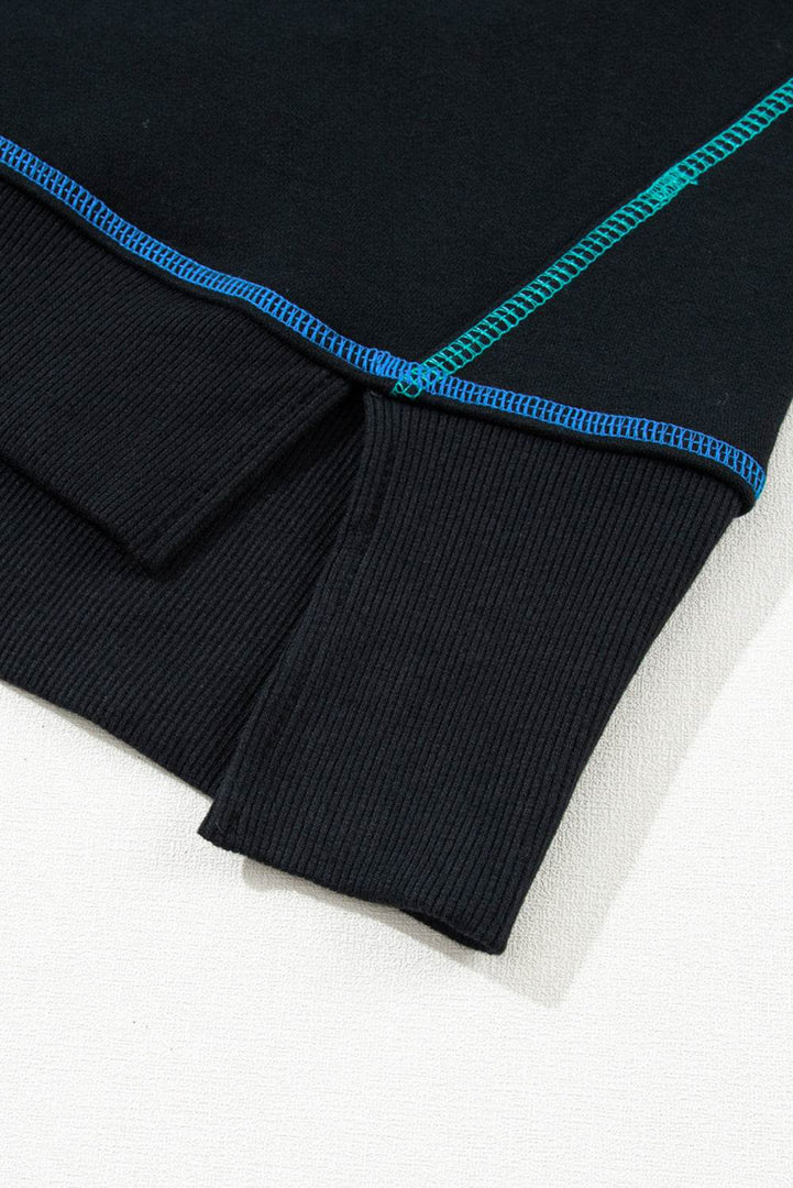 Black Contrast Stitching Split Baggy Sweatshirt - Fashion Queen -  15