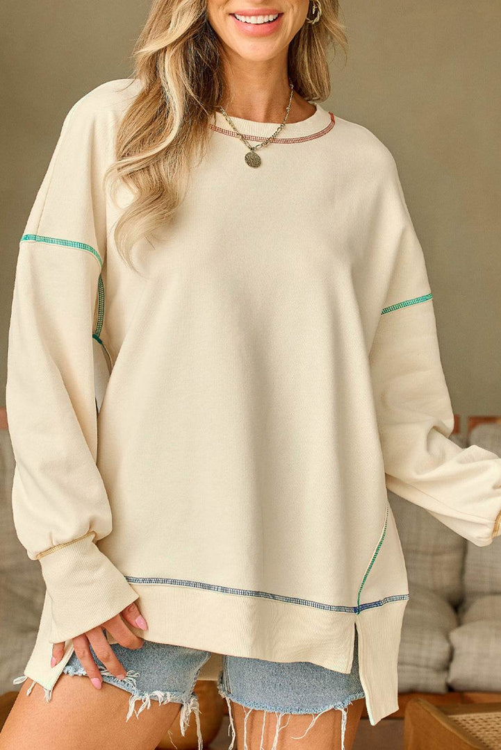 Black Contrast Stitching Split Baggy Sweatshirt - Fashion Queen -  21