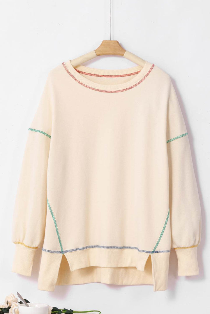 Black Contrast Stitching Split Baggy Sweatshirt - Fashion Queen -  26