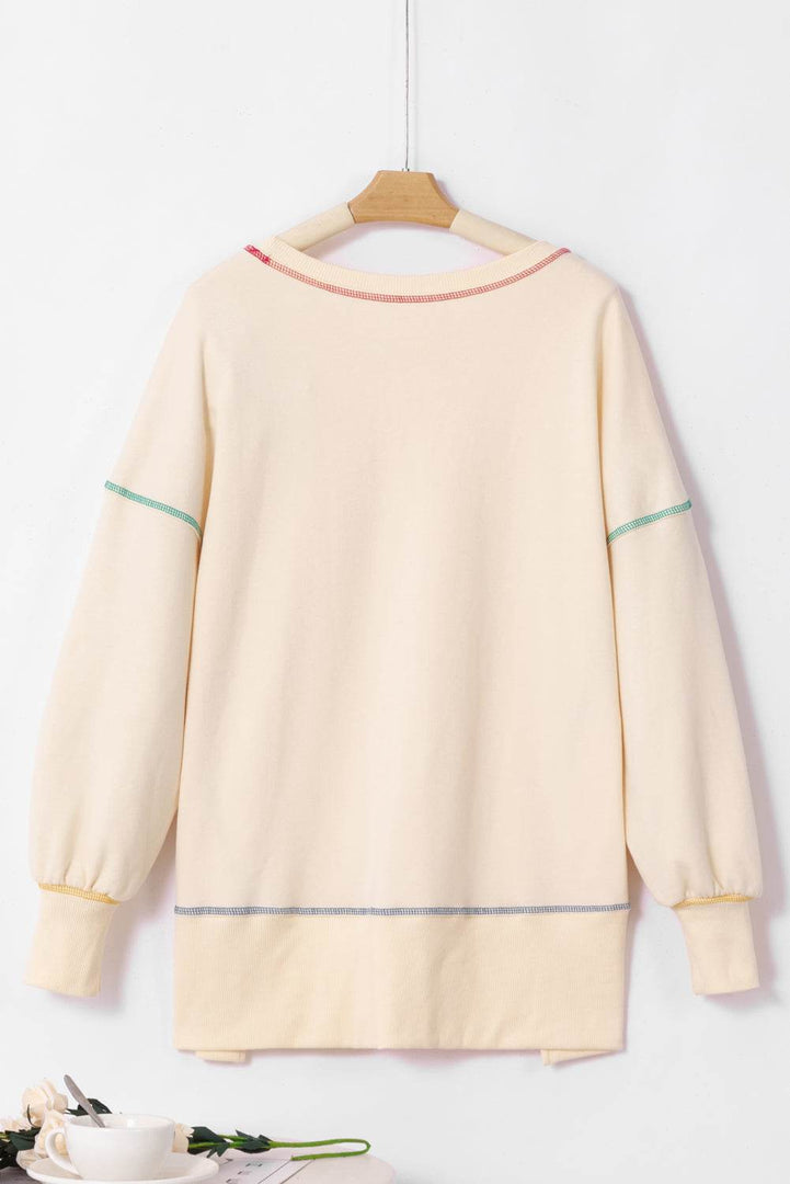 Black Contrast Stitching Split Baggy Sweatshirt - Fashion Queen -  27