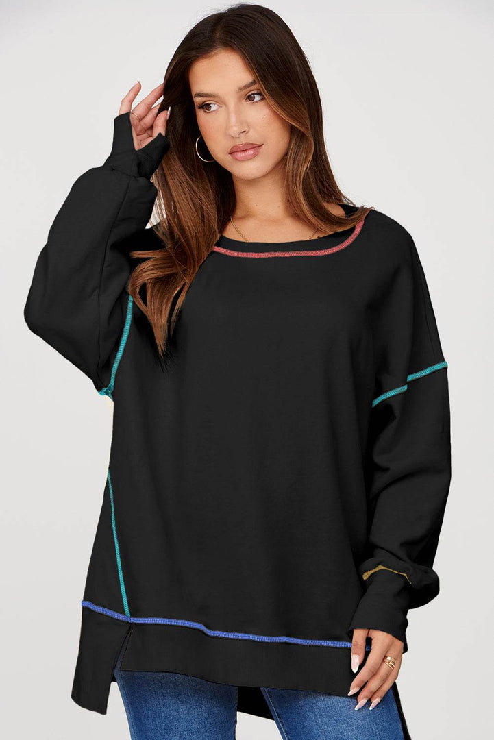 Black Contrast Stitching Split Baggy Sweatshirt - Fashion Queen -  3