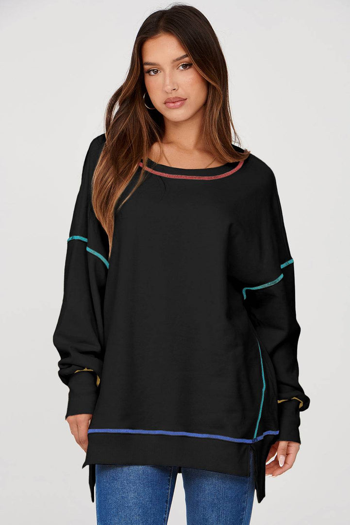 Black Contrast Stitching Split Baggy Sweatshirt - Fashion Queen -  8