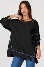 Load image into Gallery viewer, Black Contrast Stitching Split Baggy Sweatshirt - Fashion Queen -  9
