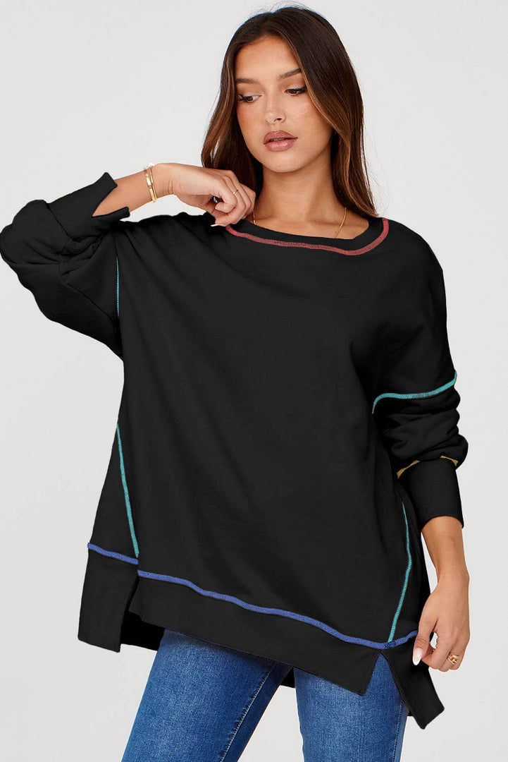 Black Contrast Stitching Split Baggy Sweatshirt - Fashion Queen -  9
