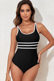 Black Contrast Trim Colorblock U Neck One Piece Swimwear - Fashion Queen -  1