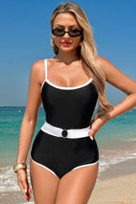 Load image into Gallery viewer, Black Contrast Trim Two Tone Belted One Piece Swimsuit - Fashion Queen -  1
