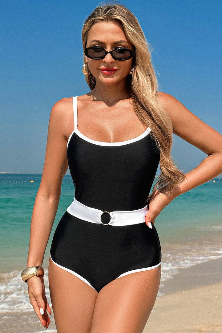 Black Contrast Trim Two Tone Belted One Piece Swimsuit - Fashion Queen -  1