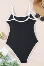 Load image into Gallery viewer, Black Contrast Trim Two Tone Belted One Piece Swimsuit - Fashion Queen -  10
