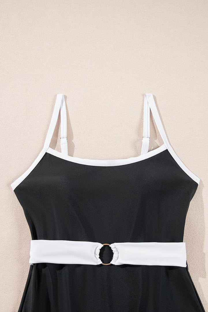 Black Contrast Trim Two Tone Belted One Piece Swimsuit - Fashion Queen -  11