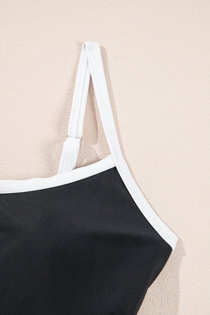 Black Contrast Trim Two Tone Belted One Piece Swimsuit - Fashion Queen -  12