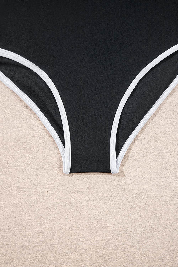 Black Contrast Trim Two Tone Belted One Piece Swimsuit - Fashion Queen -  13
