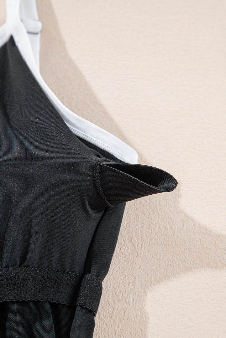 Black Contrast Trim Two Tone Belted One Piece Swimsuit - Fashion Queen -  15