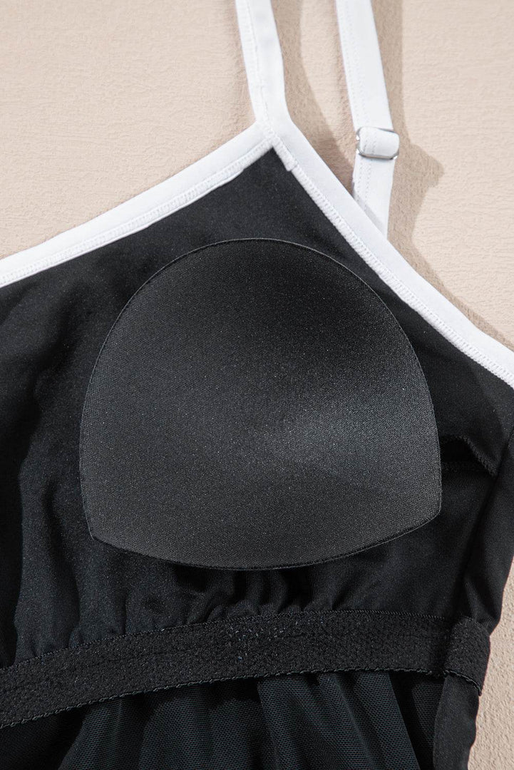 Black Contrast Trim Two Tone Belted One Piece Swimsuit - Fashion Queen -  16